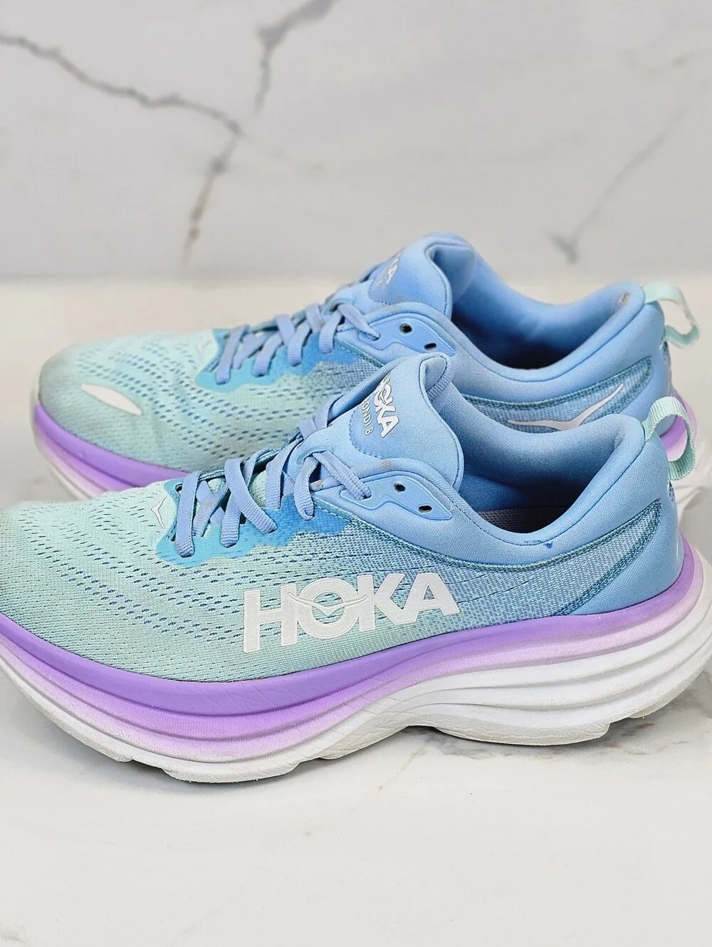 HOKA One One Women's Bondi 8 Running Shoes in Ice Water / Bellwether Blue